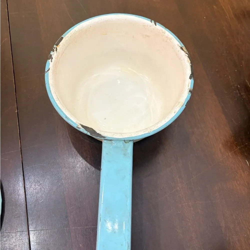 White and Light Blue Enamel Saucepan with Lid